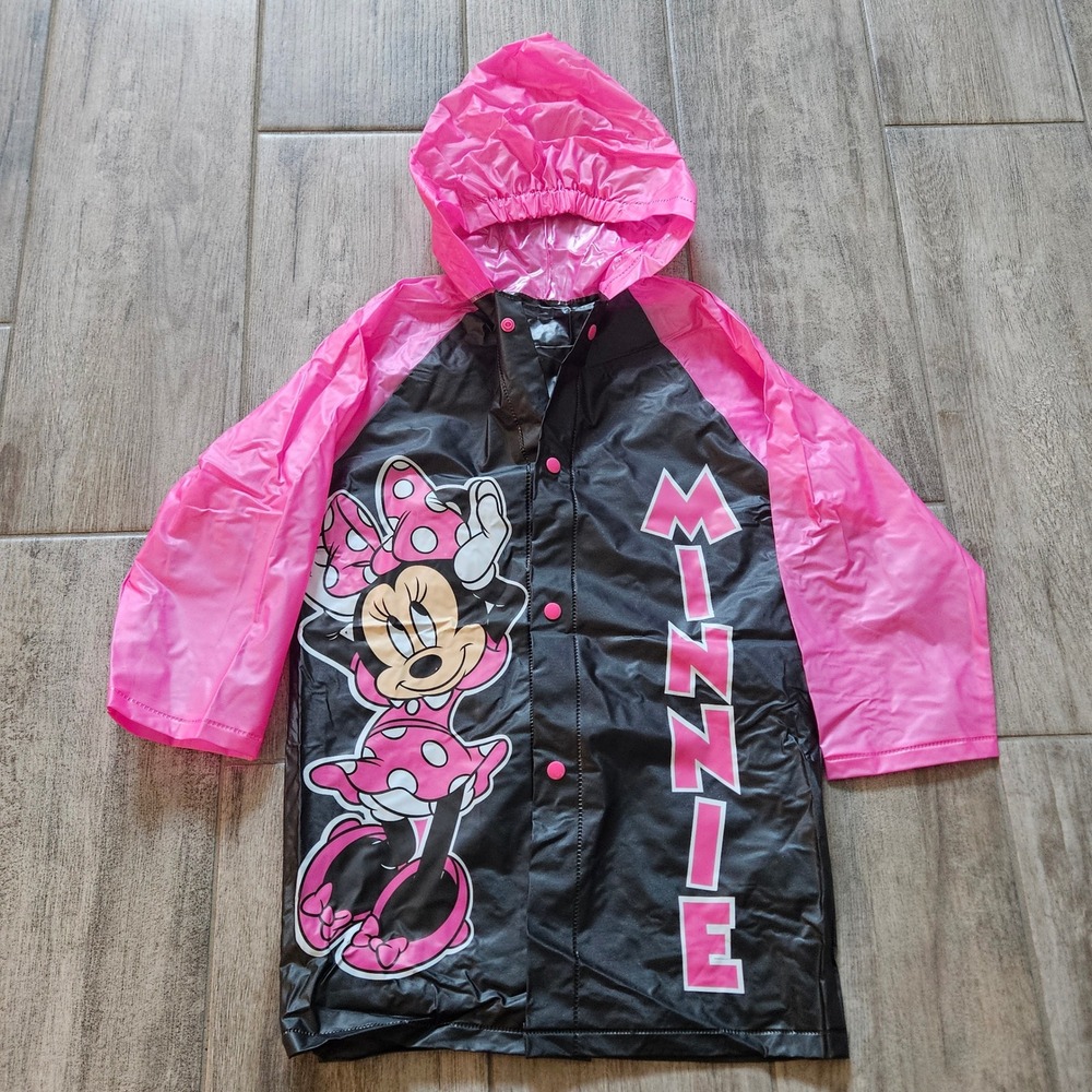 Disney Minnie Mouse Raincoat Kids M Black Pink Hooded Vinyl Slicker Jacket